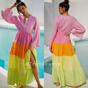 PQ Swim Tiered Colorblock Sequins Long Sleeve Maxi Dress Anthropologie XS/S NWT
